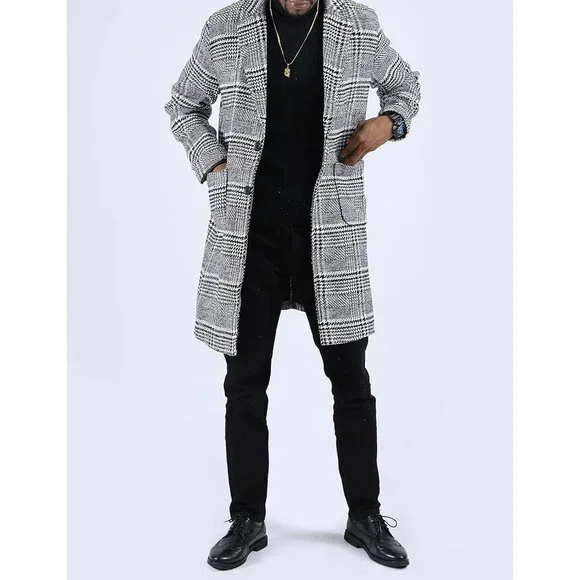 Men's Black And White Wool Blend Pea Coat Warm Winter Trench Coat